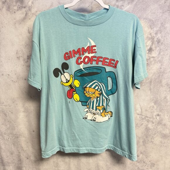 Vintage Garfield Cartoon T Shirt Adult Large 21x24.5 Blue Gimme Coffee - Picture 1 of 14